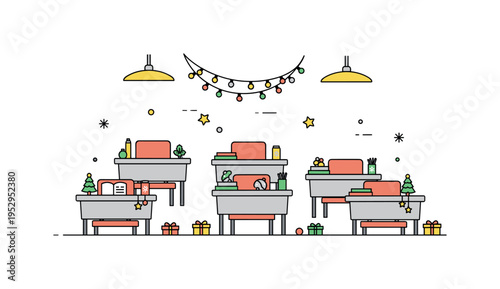 Holiday classroom atmosphere shown through desks adorned with small decorative elements and a string of lights gently hanging above, creating a warm and