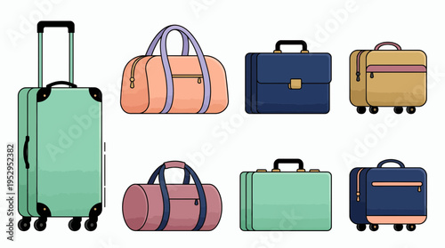 set of colorful travel suitcases and business briefcases for professional office workers, concept for business trip preparation, corporate travel planning and vacation logistics