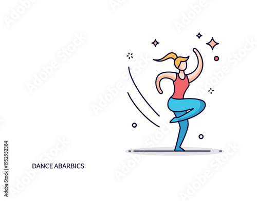Dance aerobics energy theme illustrated by a figure in motion with curved dynamic lines and a subtle sparkle accent, symbolizing fun and expressive movement.