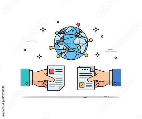 International partnership agreement shown as two hands exchanging small documents in front of a globe with connection lines, symbolizing cooperation between