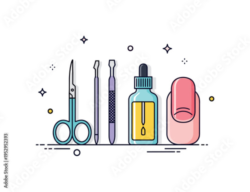 At home manicure kit concept featuring small scissors, cuticle pusher, and oil bottle arranged neatly beside a stylized nail icon, representing DIY grooming