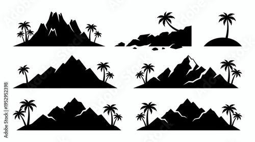 Set of black mountain and palm tree silhouettes on white background, concept for travel branding, tropical resort promotion and nature graphic design