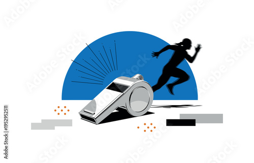 Black and white whistle enlarged in foreground with athlete silhouette in motion behind, bold blue semicircle framing upper half, thin radiating