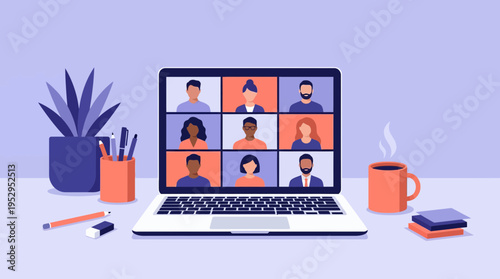 diverse project managers in video conference on laptop screen, concept for remote business communication, virtual team collaboration and online corporate meeting