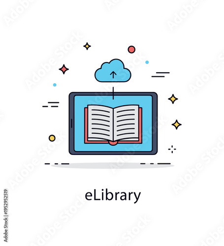 Digital library access theme showing a tablet with an open book icon on screen and a small cloud symbol above it, expressing modern reading technology. A