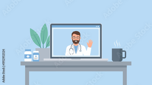 flat illustration of a male physician waving on laptop screen with medicine bottles on office desk, concept for telemedicine service, remote health consultation and virtual medical appointment