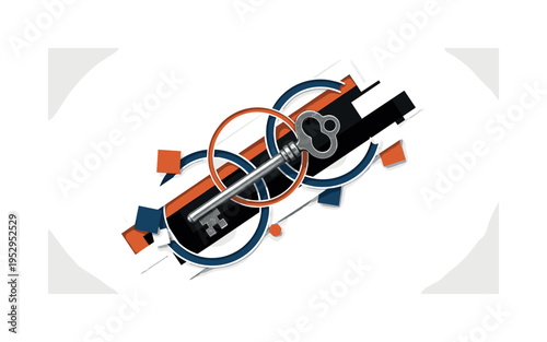 Monochrome vintage skeleton key placed diagonally across the composition, intersected by abstract circular halos symbolizing hidden secrets, structured