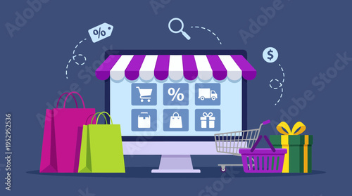 flat illustration of online store on desktop screen with shopping bags and cart, concept for digital marketing, ecommerce strategy and retail commerce
