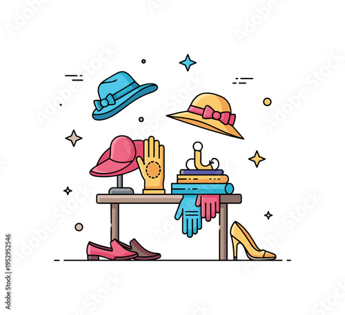 Vintage hats and gloves displayed on a small table with decorative stars, conveying retro elegance and curated fashion accessories. Minimalist flat vector