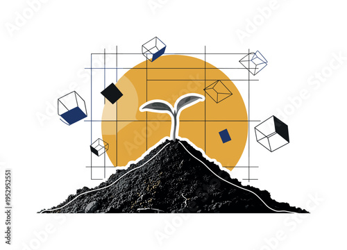 Black and white realistic soil mound with a single small plant emerging, oversized abstract circle behind representing growth, thin grid lines and geometric