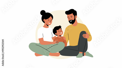 Happy father marketing manager, mother human resources director and their small son sitting together, concept for family life education, parenting support and child development