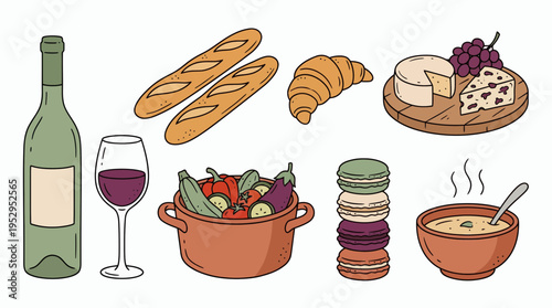 Set of hand drawn French food items including wine bottle, baguette, croissant, cheese, vegetable stew and macaroons, concept for culinary illustration, restaurant menu design and gourmet branding