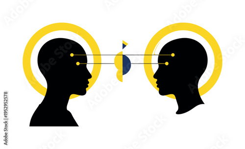 Black and white human profiles of different backgrounds facing each other peacefully, bold circular halo behind both heads and thin linear connectors linking