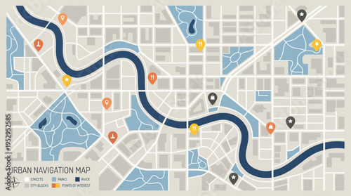 flat design of an urban city map with winding river streets and location markers, concept for logistics planning, travel guide design and real estate development