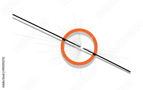 Monochrome minimalist composition of a taut blind cord stretched diagonally across the frame, integrated with an orange circular frame and fine