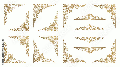 Set of elegant golden vintage decorative corners and borders, concept for luxury wedding invitation, professional certificate design and ornate stationery decoration