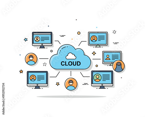 Digital collaboration cloud central cloud icon connected to multiple devices and profile avatars, symbolizing shared files and teamwork. A refined visual