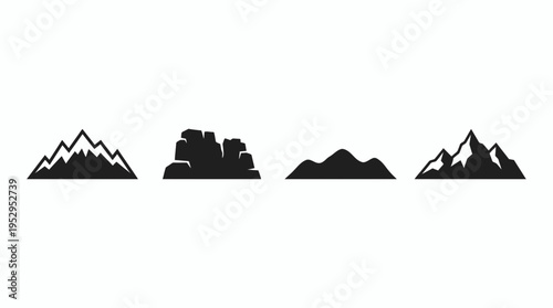 Set of four black mountain silhouette icons on white background, concept for travel branding, adventure logo design and outdoor activity identification