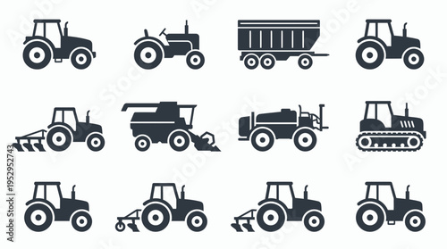 Set of flat black farm tractor icons featuring various agricultural machinery and heavy equipment, concept for agricultural industry branding, farming supply marketing and rural development design
