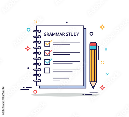 Grammar study illustration showing a notebook page with structured lines and checkmarks beside a small pencil icon, symbolizing clarity and rule