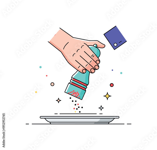 Fine dining seasoning close up of a hand gently grinding pepper over a minimal plate with subtle star accents indicating gourmet touch. A refined concept