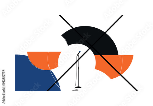 A monochrome stage setup with a single microphone stand isolated in negative space, bold semicircles and intersecting lines symbolizing performance energy,