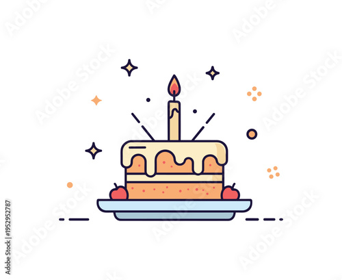 Small cake on a delicate plate topped with a single lit candle and tiny sparkle accents, capturing intimate celebration and sweet simplicity in a compact badge