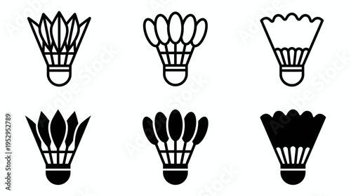 Set of black and white shuttlecock icons in outline and solid styles, concept for sports branding presentation, fitness club identity and tournament advertising