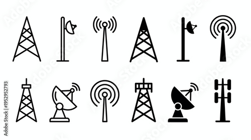 set of black silhouette radio and communication tower icons on white background, concept for telecommunication technology, wireless network infrastructure and global digital connectivity