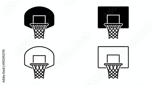 Set of four basketball hoop icons with backboards and nets in solid and outline style, concept for sports branding presentation, athletic event identity and competition advertising