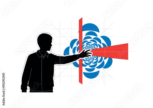 Black and white student silhouette reaching forward into abstract geometric shapes, blue semicircles forming immersive portal, red rectangular block slicing