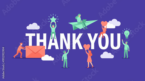 Flat design illustration with project managers and software developers around thank you text, concept for customer appreciation, team gratitude and corporate feedback