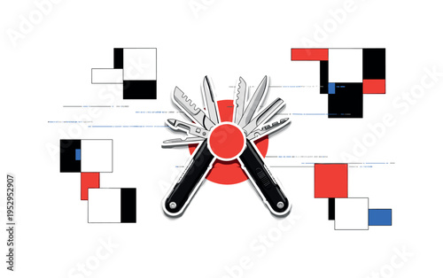 Black and white compact multi-tool kitchen gadget opened to reveal blades and attachments, bright red circular accent highlighting the hinge mechanism,