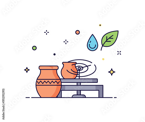 Traditional pottery with eco mindful approach illustrated by a spinning potter wheel paired with a subtle water droplet and leaf symbol, representing efficient
