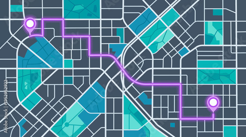 flat vector design of city street map with glowing navigation route and location pins, concept for logistics delivery service, smart urban transportation planning and global digital tracking systems