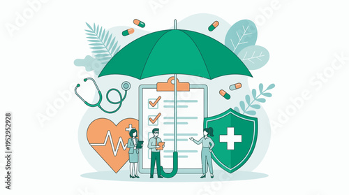 flat illustration of medical administrator and insurance agents under a protective umbrella with health icons, concept for medical insurance coverage, healthcare planning and financial security