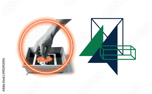 Conceptual photography art theme featuring a monochrome hand developing a print in a tray, vivid orange circular halo symbolizing creative process, structured