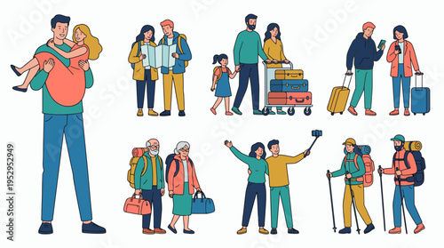 diverse group of people and families engaged in various travel activities with luggage and backpacks, concept for tourism marketing, holiday planning and travel agency promotion