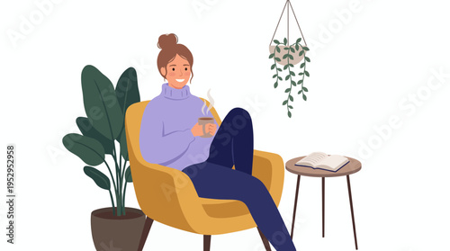 Young female marketing executive sitting in comfortable armchair holding a warm cup of coffee, concept for remote work lifestyle, mental health balance and relaxing home environment