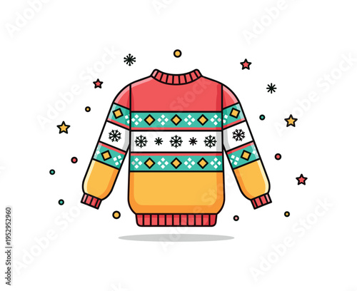 Nordic pattern sweater concept featuring a compact sweater silhouette with geometric decorative band across the chest and tiny snowflake icons, symbolizing
