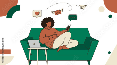 african american female marketing manager holding smartphone and coffee mug on sofa with social media icons, concept for remote work communication, digital nomad lifestyle and social media strategy