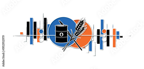 Black and white oil barrel and wheat bundle crossed in composition, bold circular shapes in blue and orange behind them, vertical bar chart blocks integrated