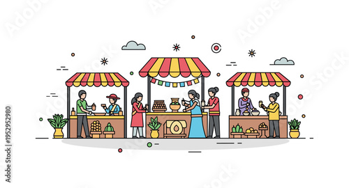People engaging in a seasonal harvest festival with decorated stalls and ritual offerings, capturing celebration, tradition, and shared cultural practices.