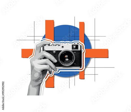 Black and white retro-style camera projecting geometric shapes instead of light, large orange semi-circle behind like a rising idea, blue abstract rectangles