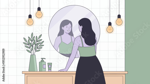 Young woman looking at her mirror reflection in a modern bathroom interior, concept for self-care routine, beauty skincare treatment and personal wellness