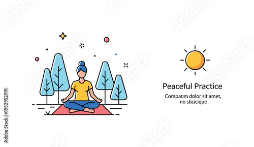 Outdoor yoga retreat scene featuring a calm participant seated cross legged on a mat near simple forest outlines. Gentle sun icon and a short ?Peaceful