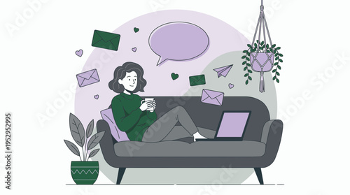 female software developer drinking coffee and working on sofa with laptop, concept for remote communication, digital connection and professional networking