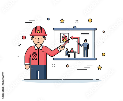 Fire safety training instructor silhouette pointing at simple evacuation diagram on a board. A focused visual metaphor for awareness and education in workplace