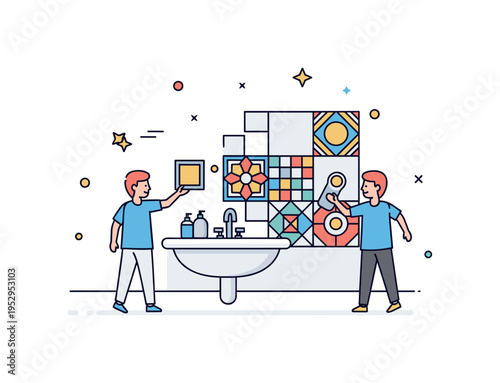 Modern bathroom tile update concept centered on a clean wall section with geometric patterned tiles partially replacing plain ones, expressing renovation