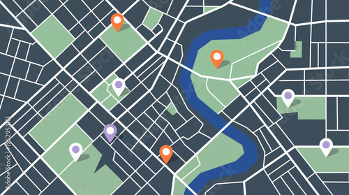 flat city map illustration with colorful navigation pin icons on abstract urban road layout, concept for location tracking, logistics planning and navigation software